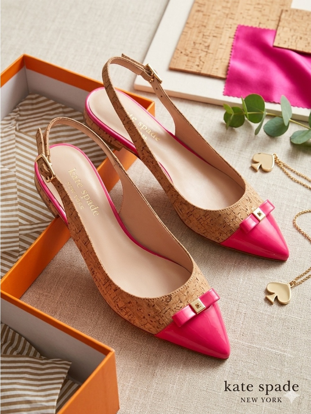 kate spade Ginny Cork Slingback Flats with Pink Patent Pointed Toes